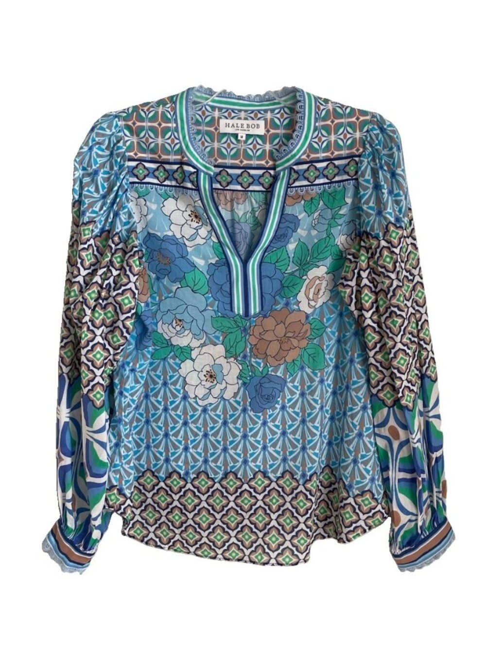 Hale Bob Multicolor Floral Long Sleeve Cotton Puff Sleeve Blouse